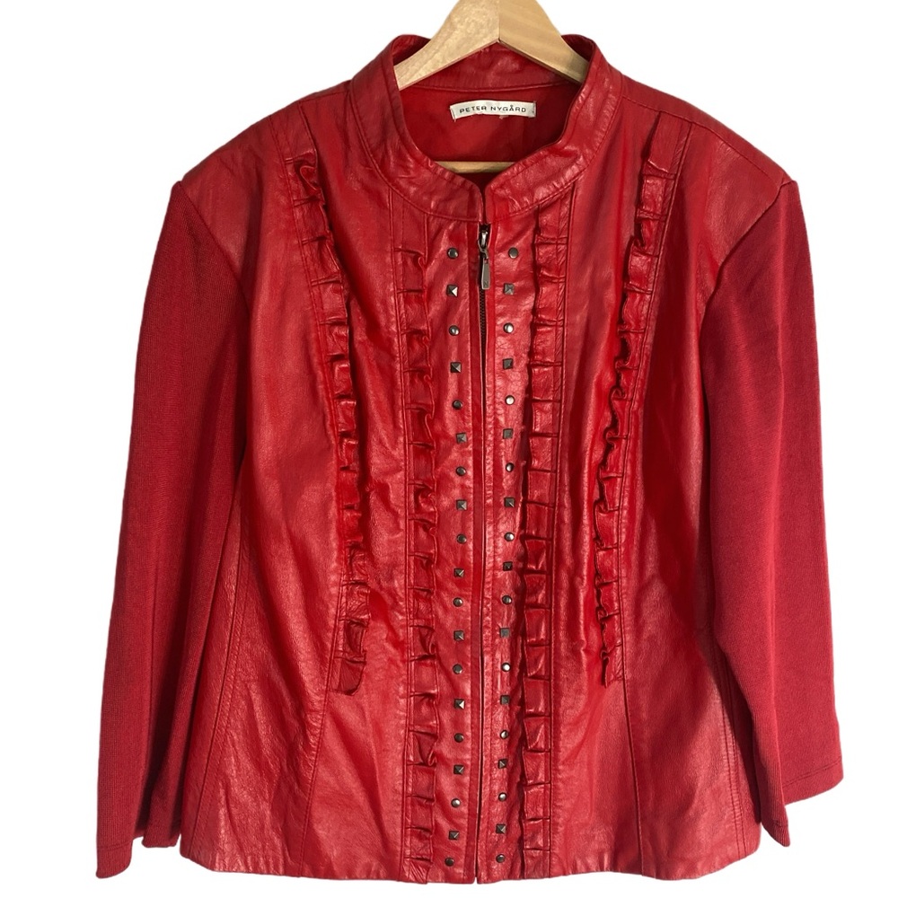 VTG Peter Nygard Red Leather‎ Ruffle Studded Zip Moto Jacket XL -  No Size Tag